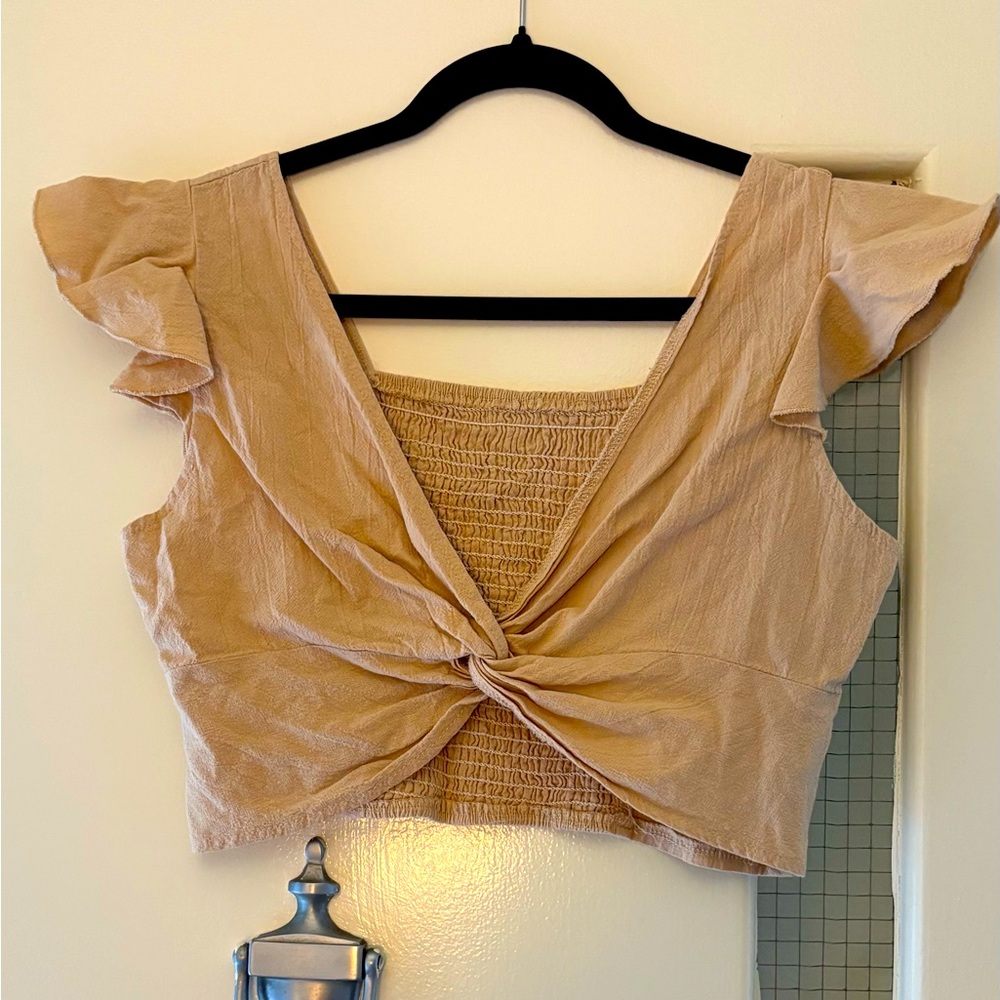 SHEIN Tan Crop Blouse with Tie Front